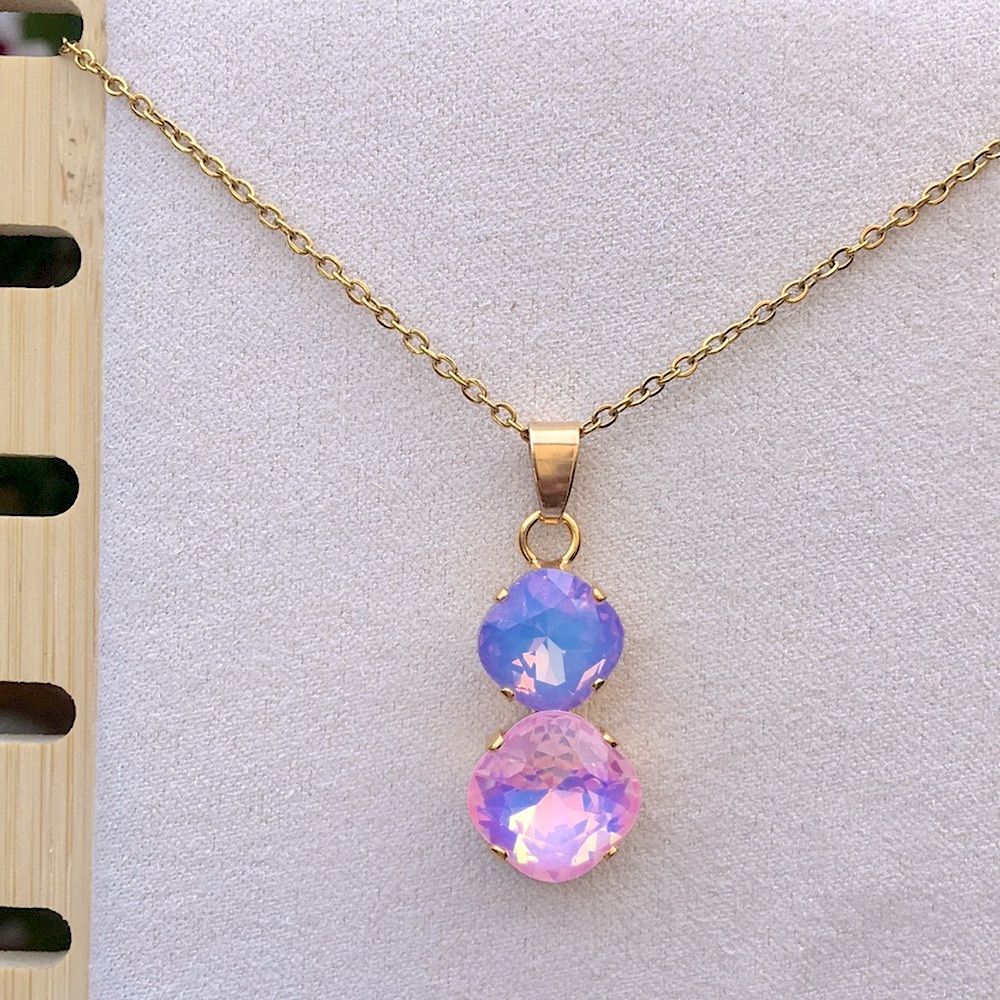 Pink + Periwinkle Purple Blue Opal Aurora Borealis + Gold Drop Pendant Necklace - Picture 9 of 12
